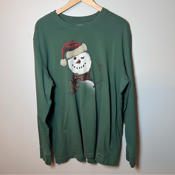 Snowman Peace Sign Long Sleeve Crusher Tee Men’s XL Life is Good Green T-Shirt - Picture 1 of 6